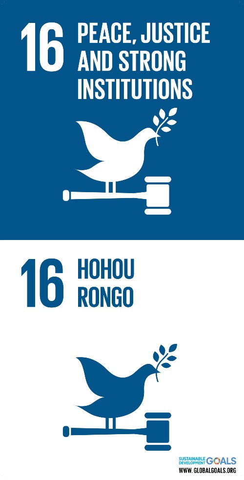 A dark blue and white graphic logo of a dove holding and olive branch in its beak standing on a gavel for the UN SDG 16: peace, justice and strong institutions - in both English and te reo Maori