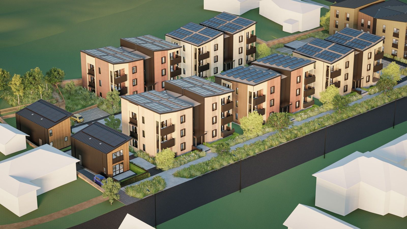 drawing of housing units with solar panels