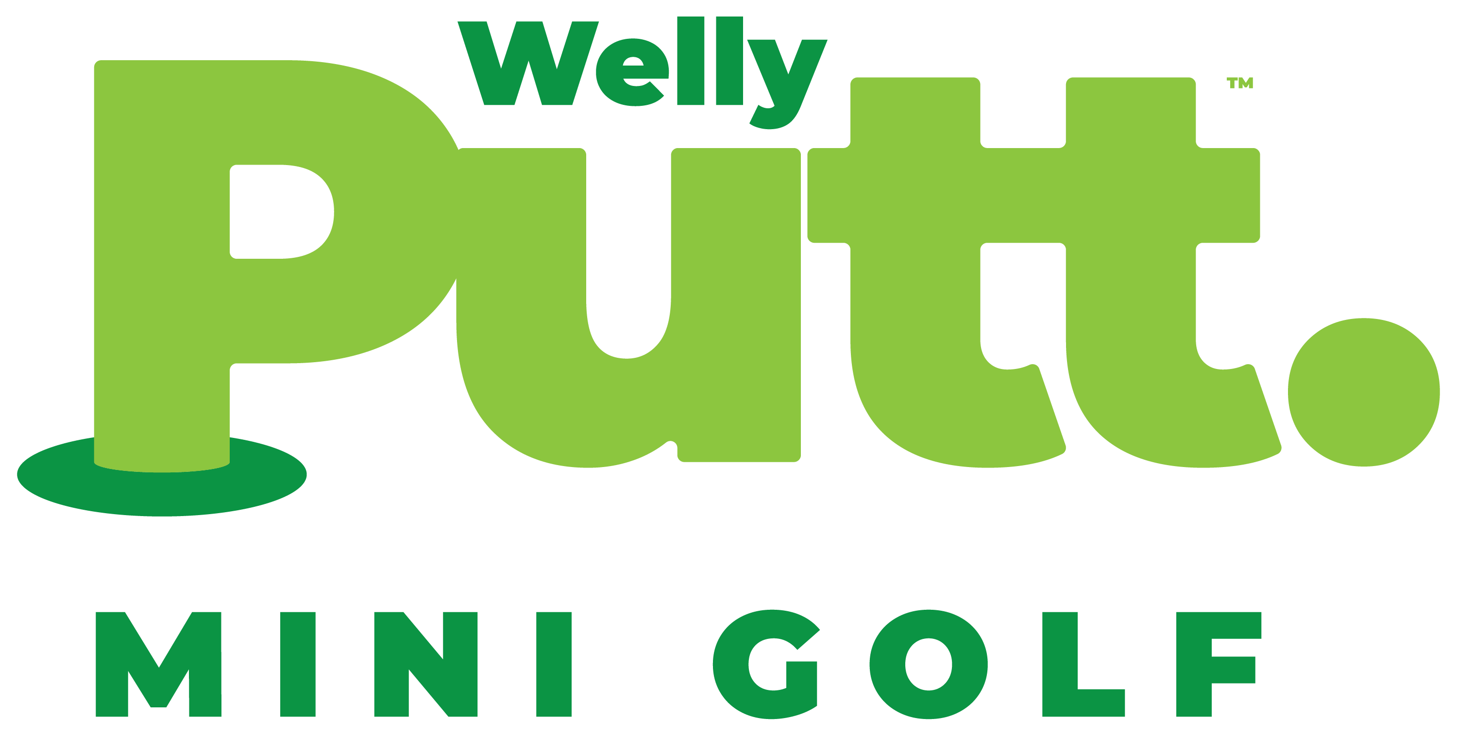 The words 'Welly Putt. Mini Golf' are in dark green text, with the word 'putt' in a lime green and the 'p' is coming out of a mini golf hole.