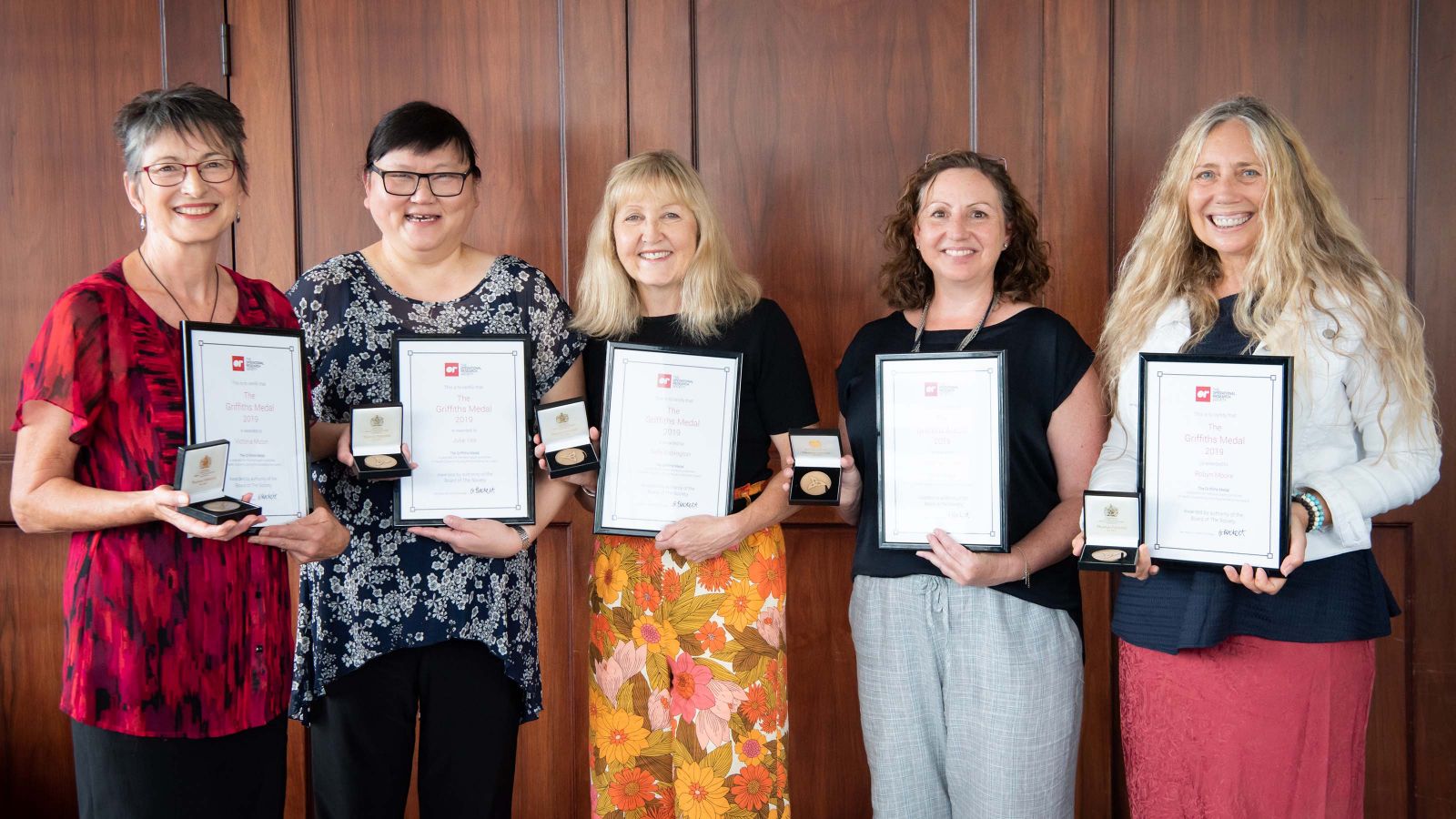 From left: Prof Vicky Mabin, Julie Yee, Sally Babington, Dr Vanessa Caldwell and Robyn Moore, Griffiths Medal winners for 2019.