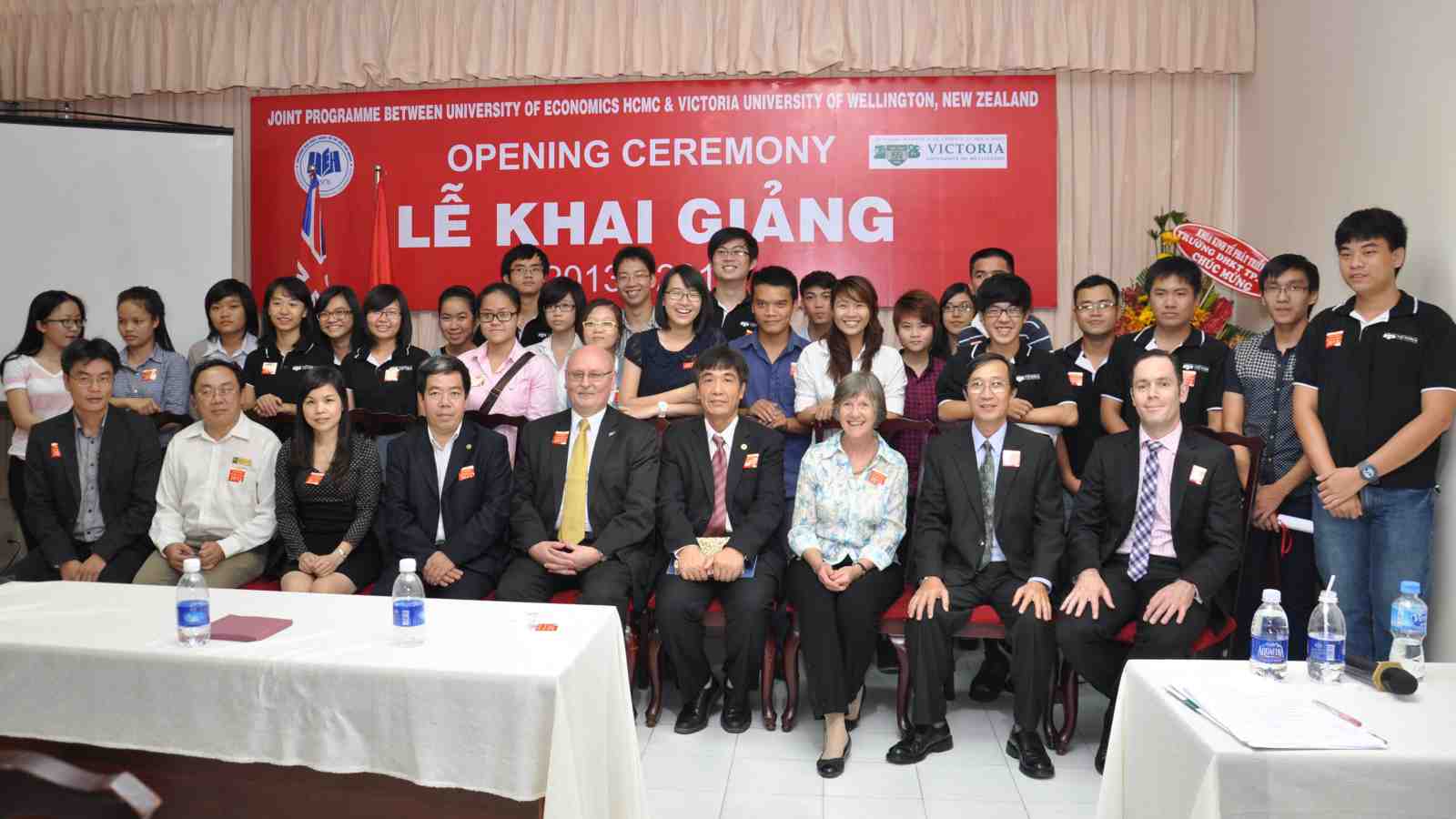Pro Vice-Chancellor (International) Professor Rob Rabel (front row, fifth from left), staff and students at the 2013 opening ceremony of Victoria University’s joint programme with the University of Economics in Ho Chi Minh City, Vietnam. 