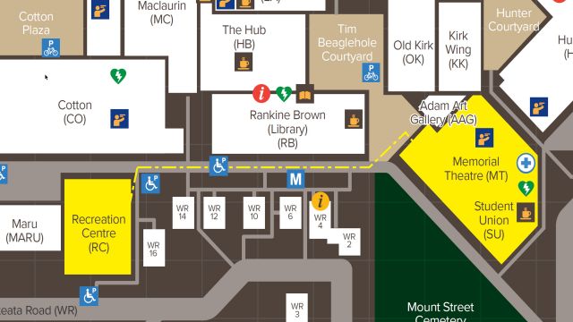 A portion of the standard Kelburn campus map showing the Rec Centre and the Clubhouse in the Student Union Building.