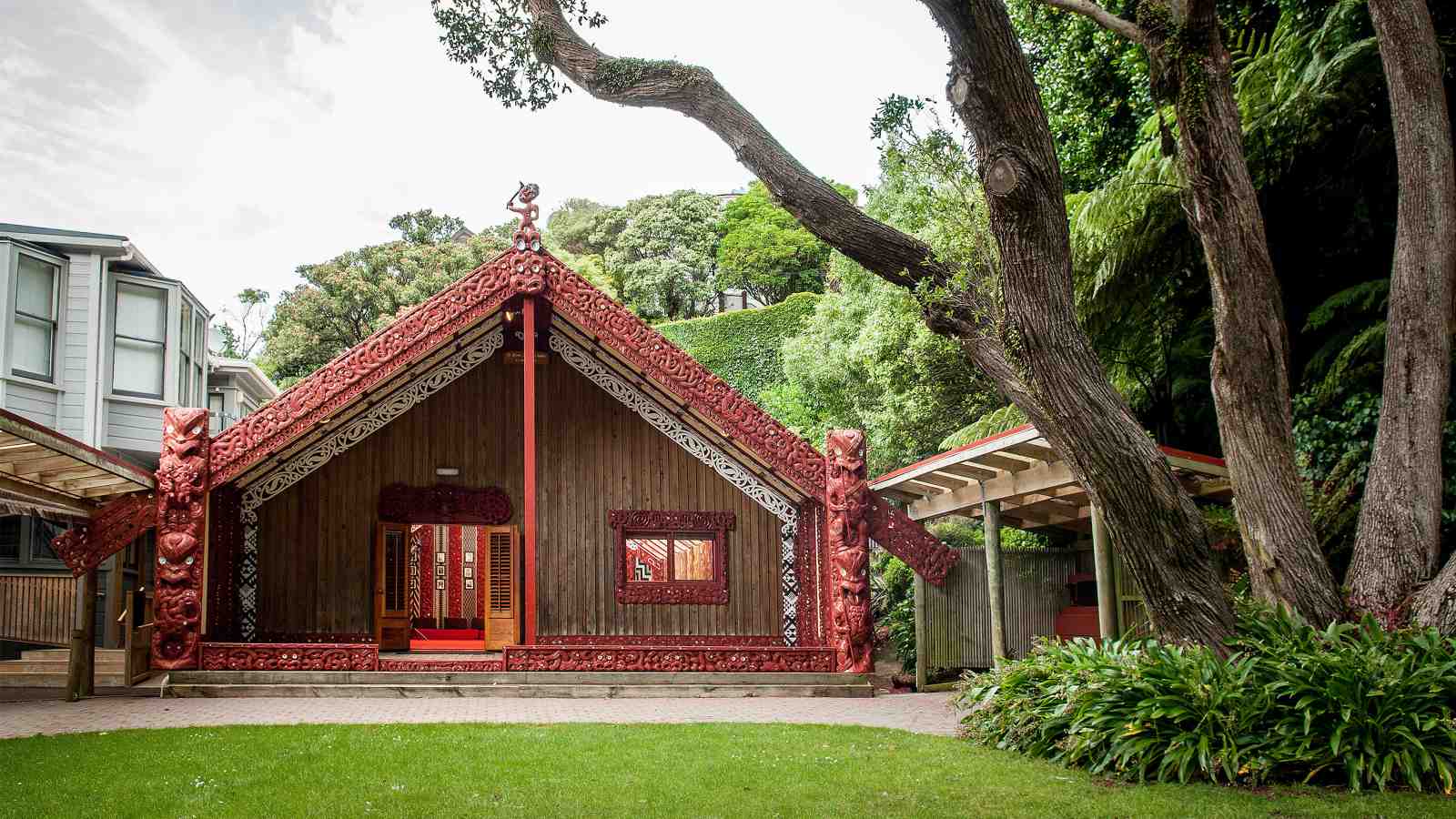 Te Herenga Waka Marae surrounded by native bush on the Kelburn campus.