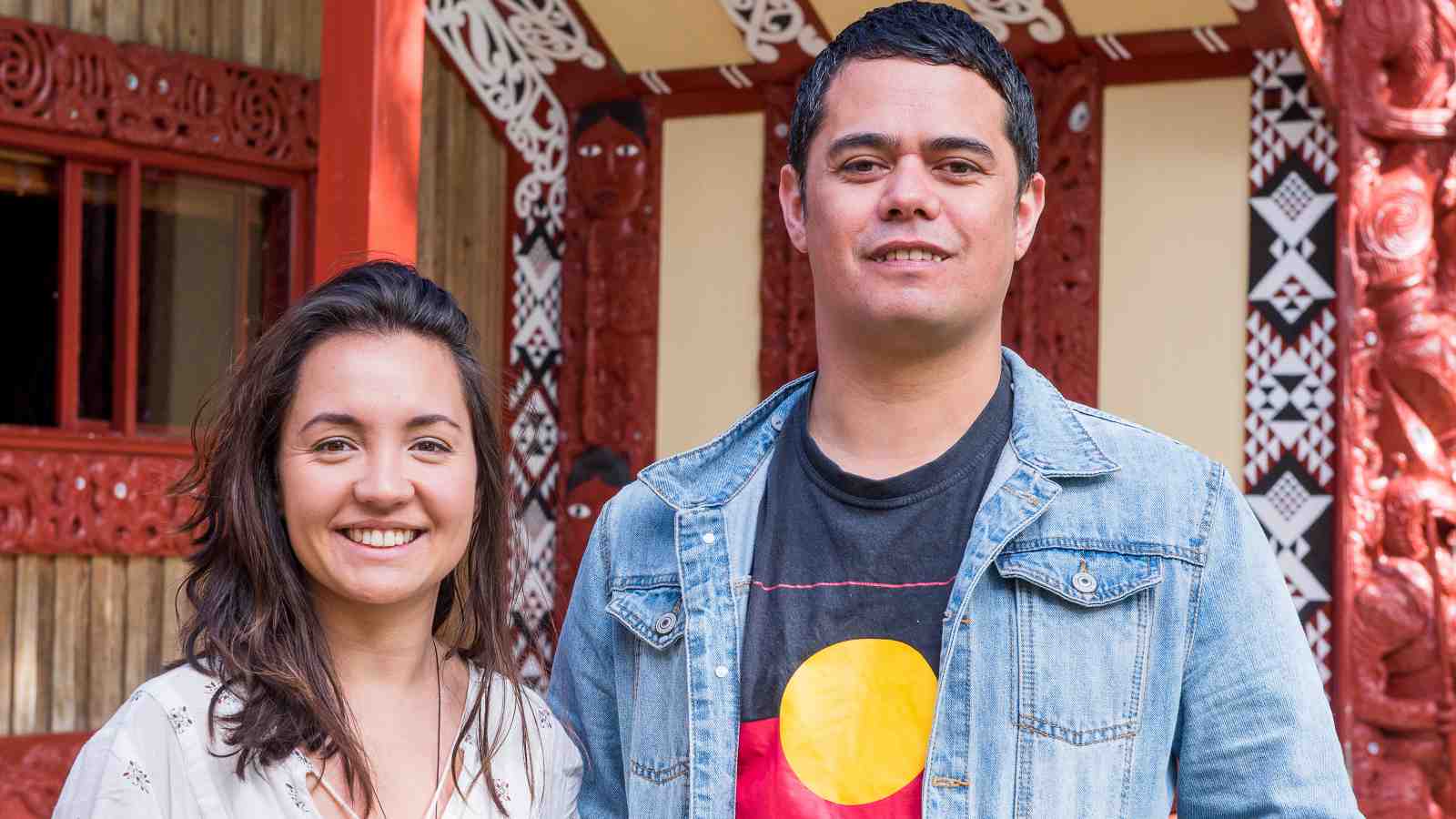 Iwi interns Ataria Sharman and Alan Hunt stand outside Marae