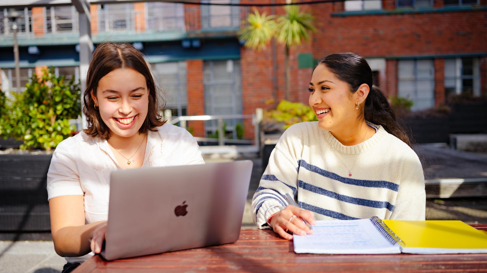 Two girls at a bench outside the library looking at a laptop