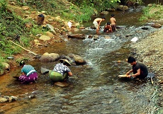 people looking for gold in a river and kids playing there Human Geography