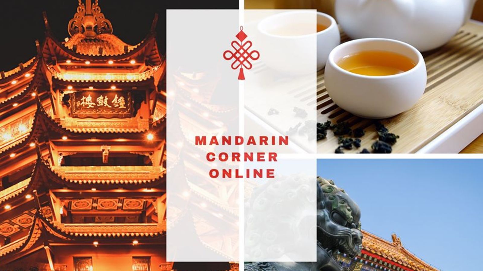 A Chinese pagoda, cups of tea, and a stone lion decorate a banner advertising Mandarin Corner Online.