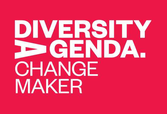 Diversity Agenda logo followed by text reading Change Maker in white text on red background