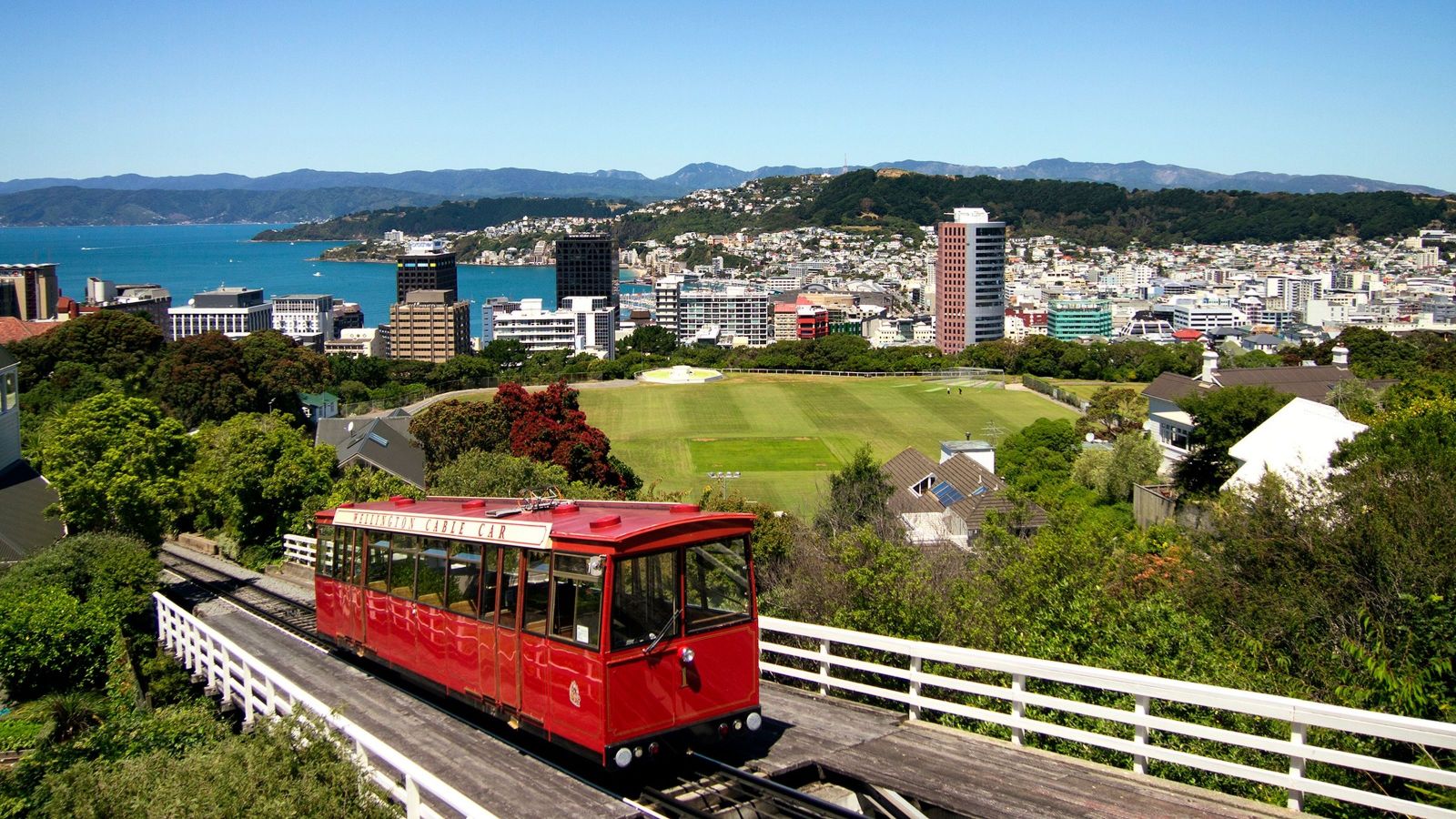 An image from the Cable Car overlooking Kelburn Campus field and Wellington City with harbour in the distance