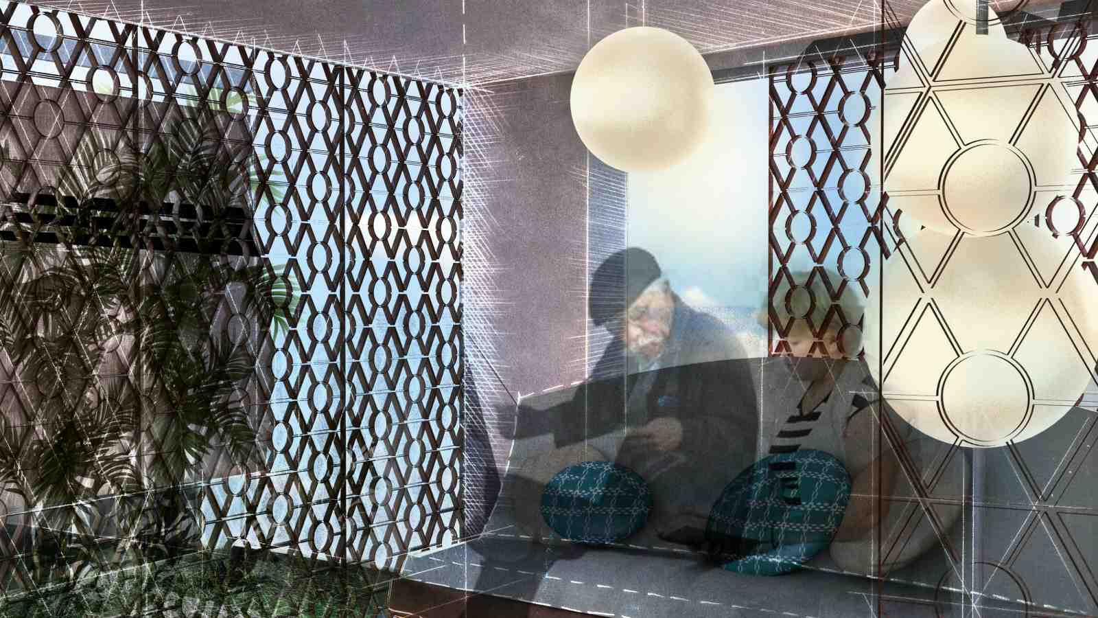 Computer generated image showing two elderly people sitting in their living room reading the paper, in the back and foreground mashrabiya, lattice-like screens to enhance privacy, can be seen.