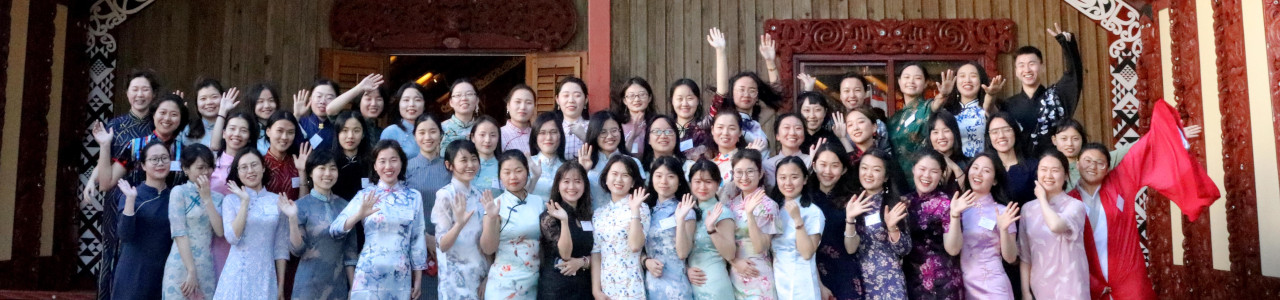 A group photo of Mandarin Language Assistants at  Te Herenga Waka Marae during Orientation week