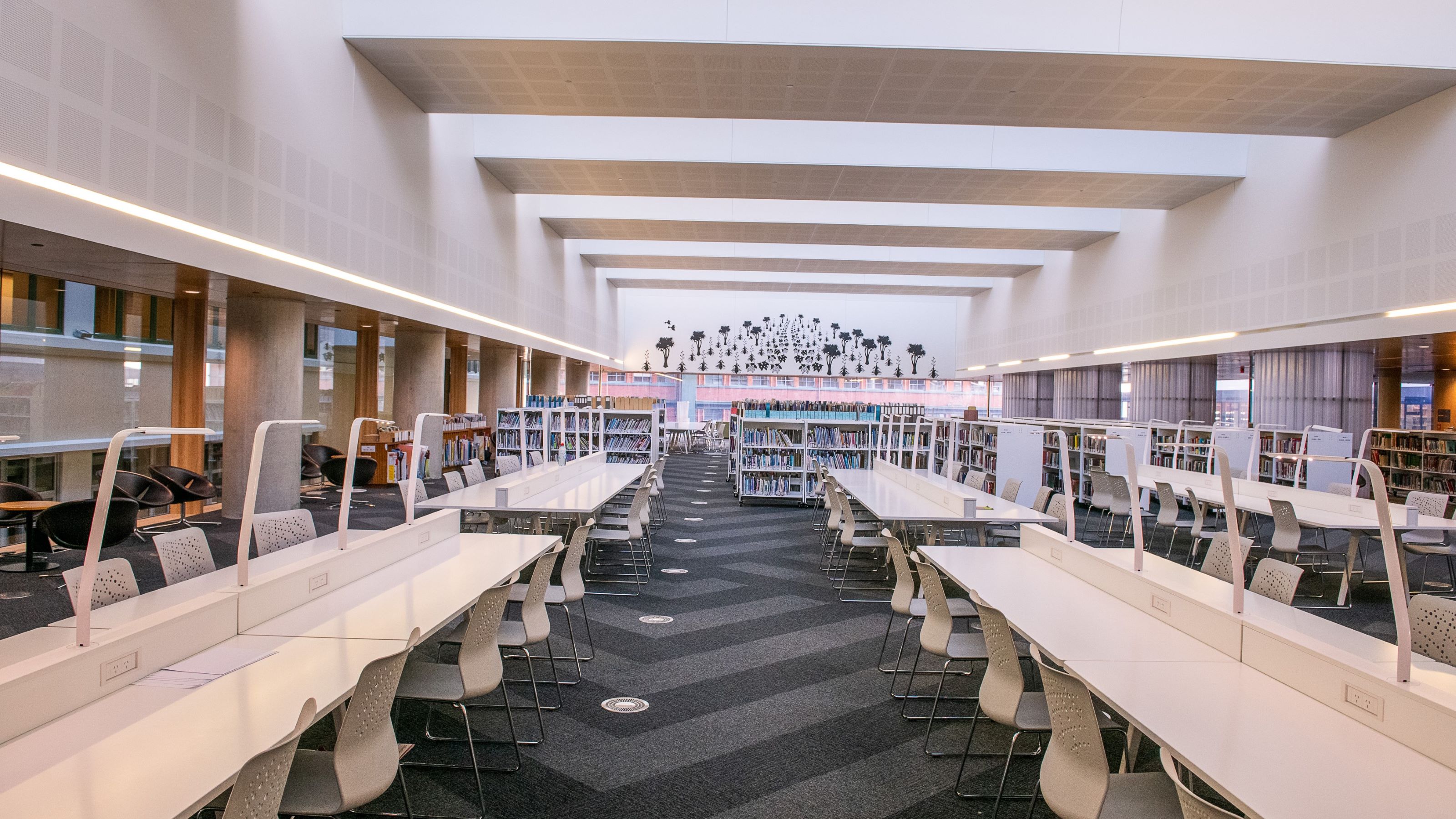 Library atrium with study spaces.