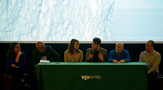 Panel at Thin Ice Auckland Premiere Sunday 6 September 2015: Veronika Meduna (chair, Radio New Zealand), Malcolm Rands (Ecostore), Lucy Lawless (actress, activist), Niko Elsen (Generation Zero), Simon Lamb (Thin Ice director, Victoria scientist) and Sam Judd (Sustainable Coastlines).