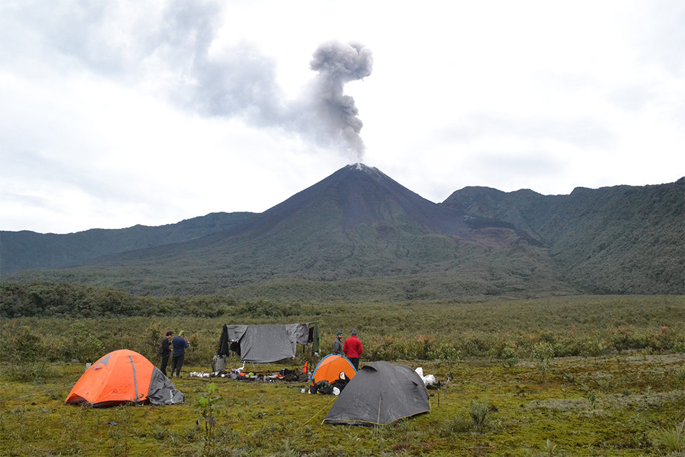 The Trail by Fire team next to Reventador, a volcano in Ecuador known as 'The Exploder'. 