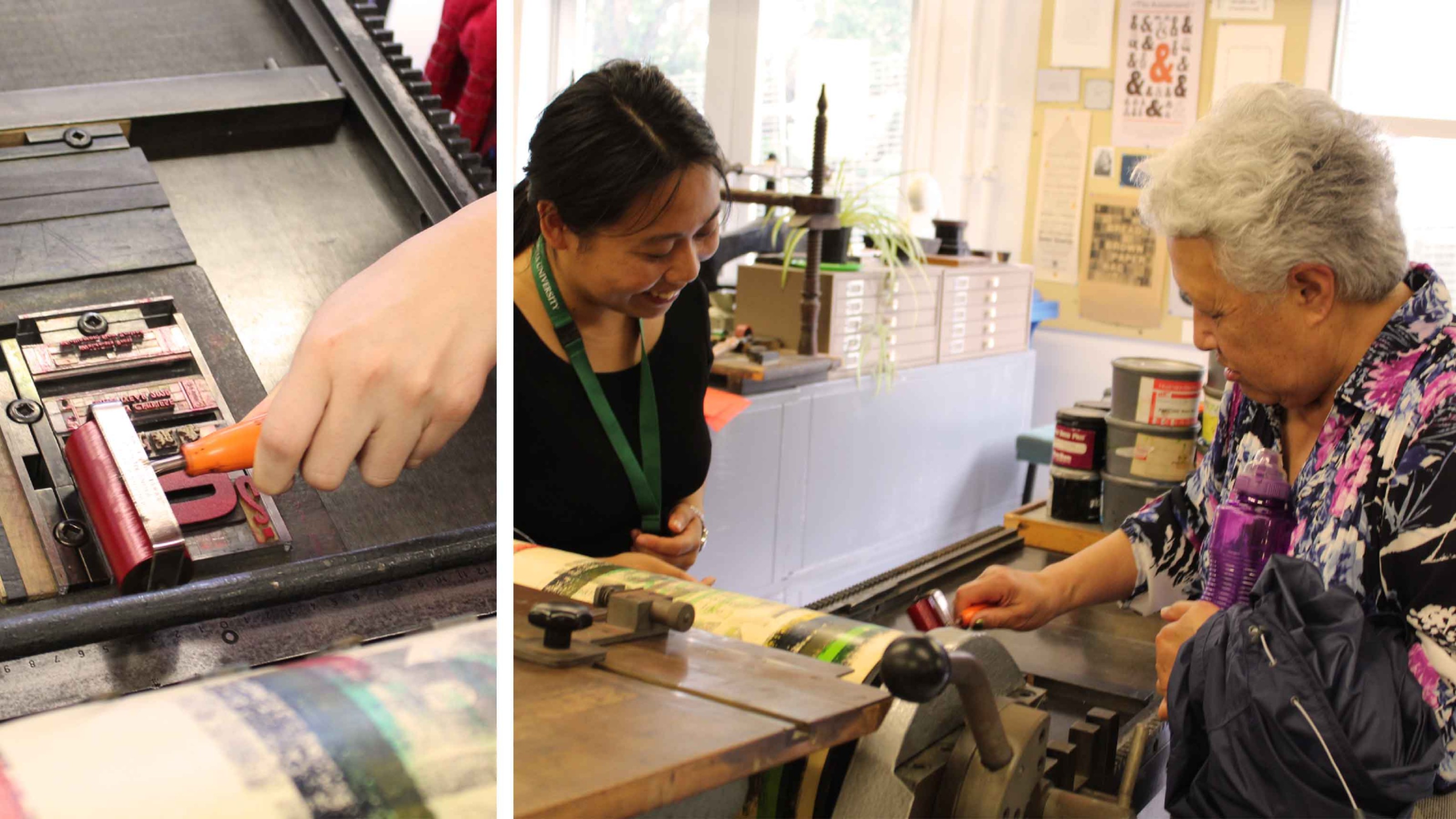 A hand applies ink to a forme; two people operate a printing press