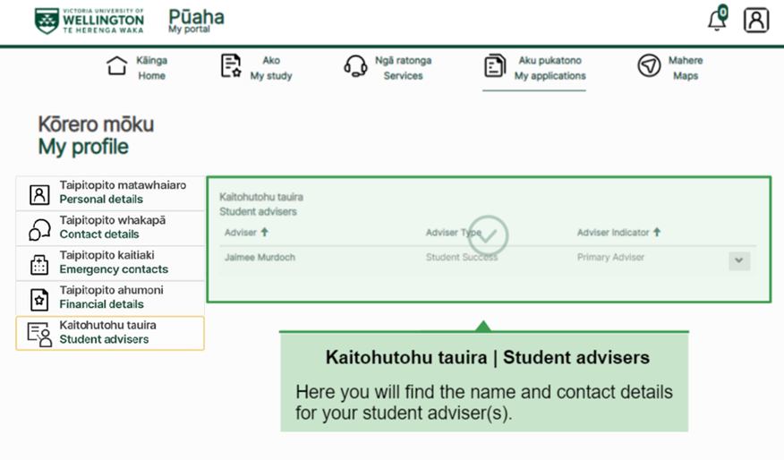 Instructions on how to find your student adviser—select the ‘Kaitohutohu tauira—Student advisers’ option on the left hand-side bar