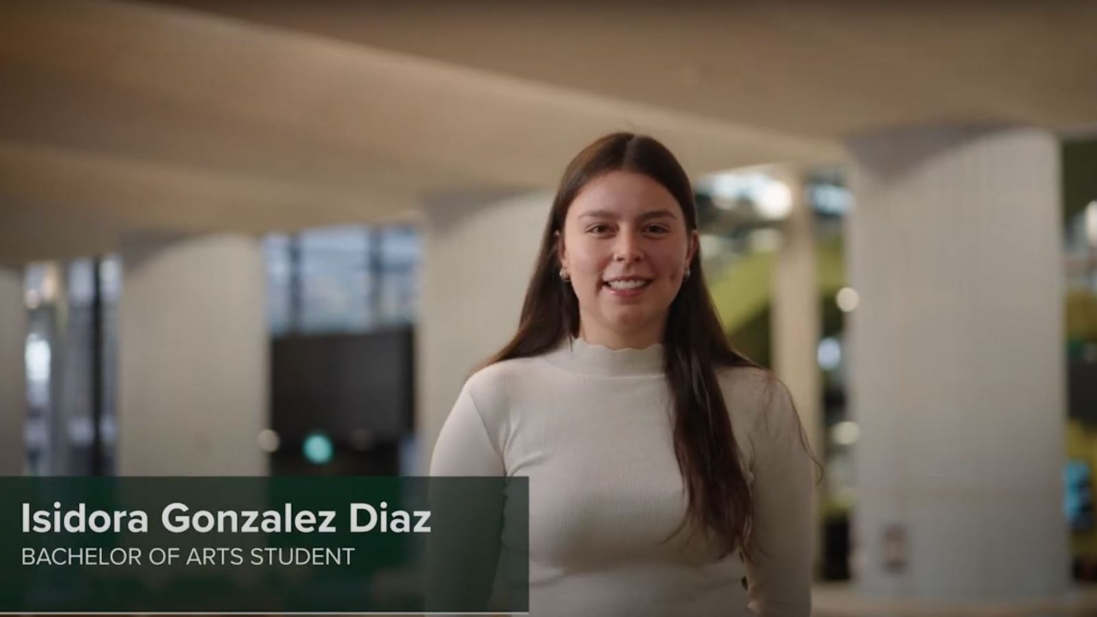 Isidora Gonzalez Diaz, standing inside with a caption that reads 