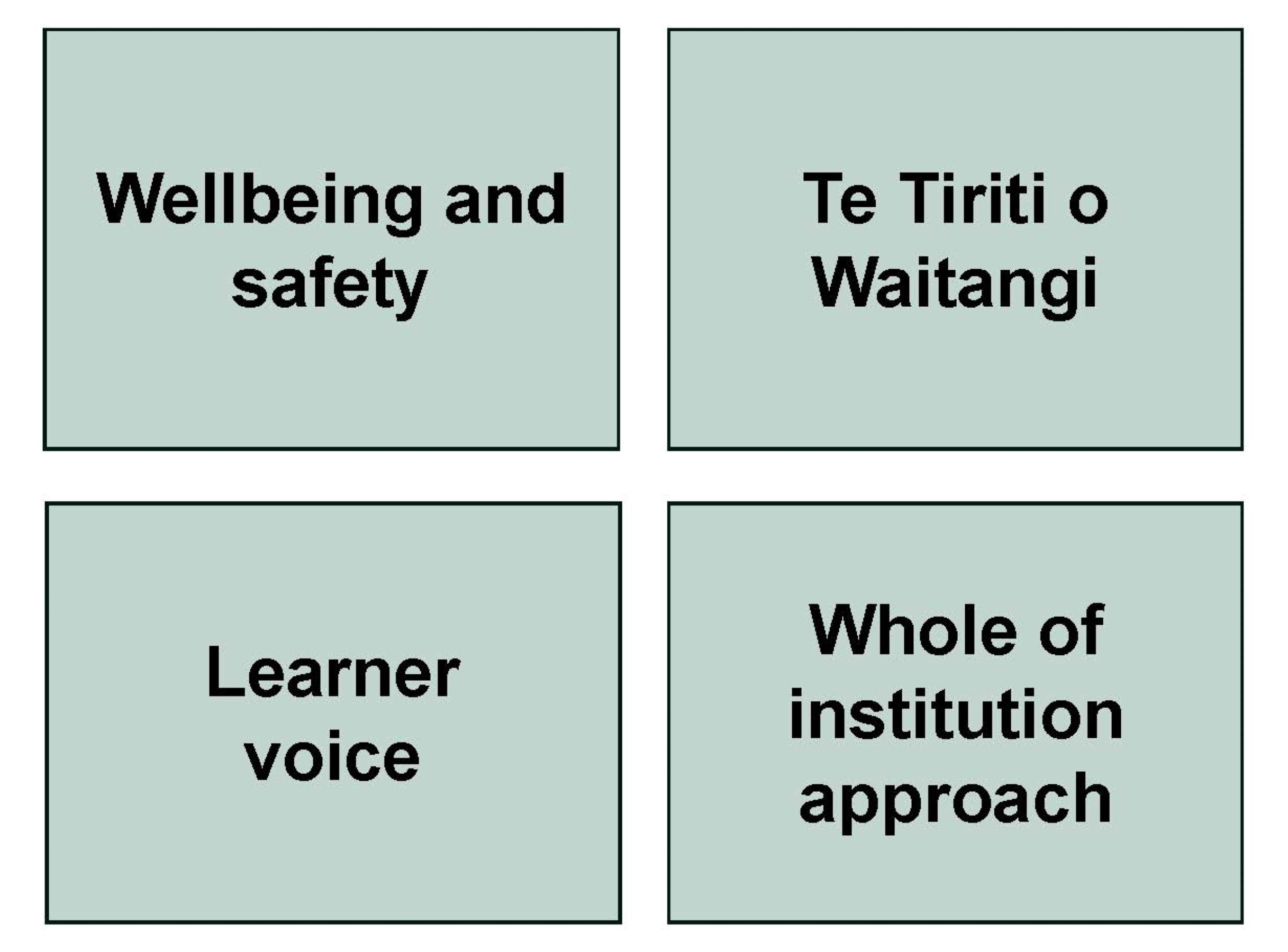 Diagram showing four key foundations of the Pastoral Care Code: wellbeing and safety, Te Tiriti o Waitangi, learner voice, and a whole-of-institution approach.