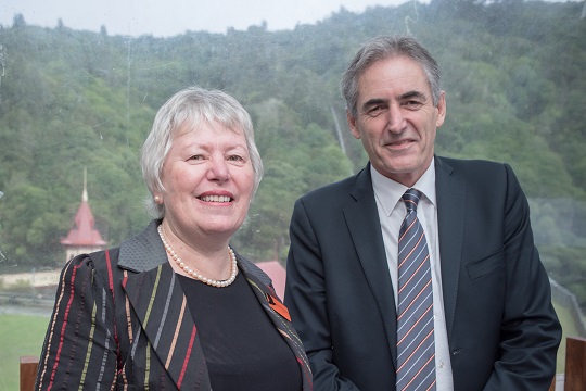 Karori Sanctuary Trust chair Denise Church stands with Victoria's Vice-Chancellor Professor Grant Guilford.
