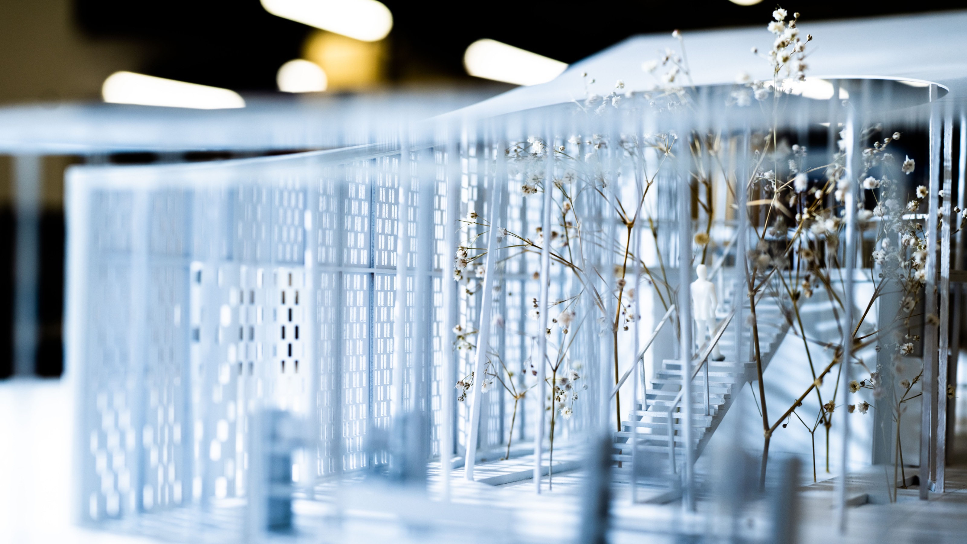 Close up view from outside of architectural model showing a staircase inside surrounded by trees