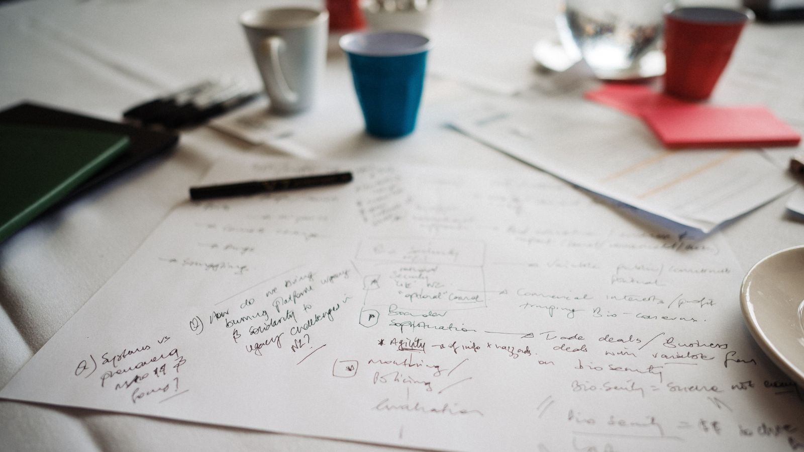 An A3 sized paper with writing on it sitting among pens and cups on a table with a white cloth.
