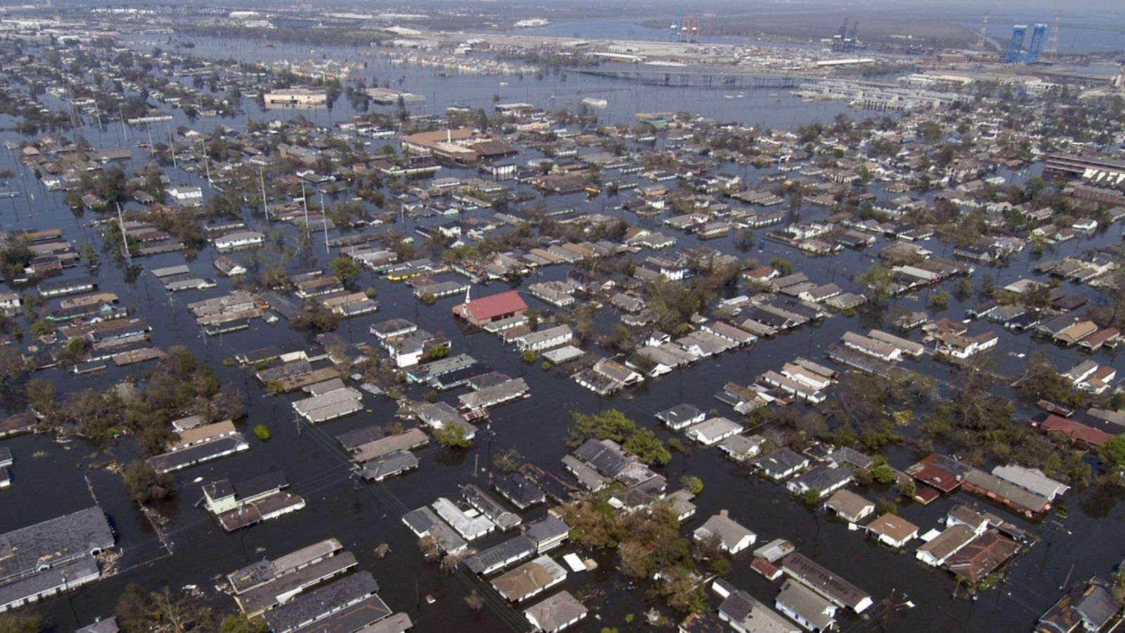 Bird's eye view of flooded suburban area