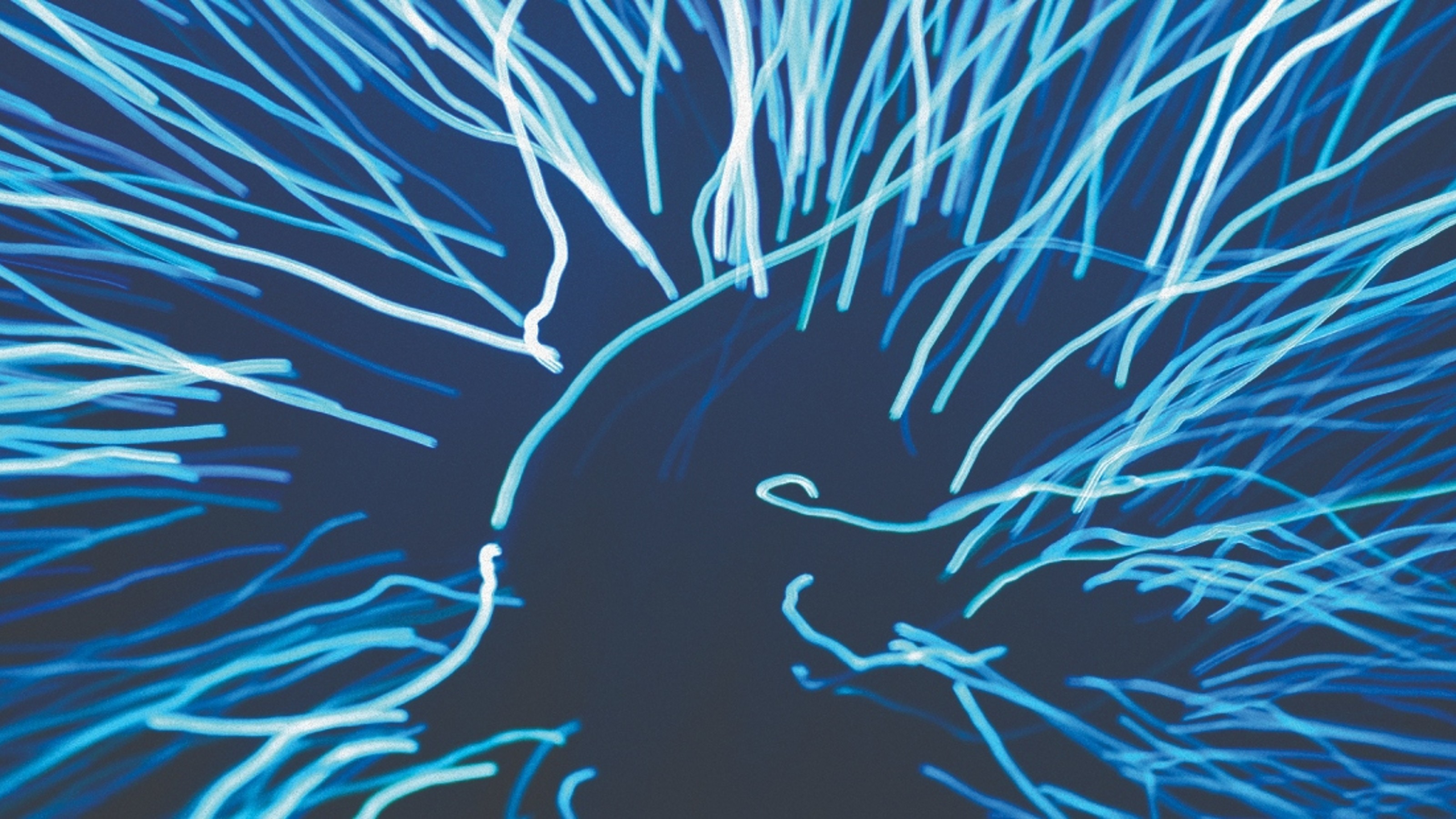 White spaghetti-looking filaments on dark blue background
