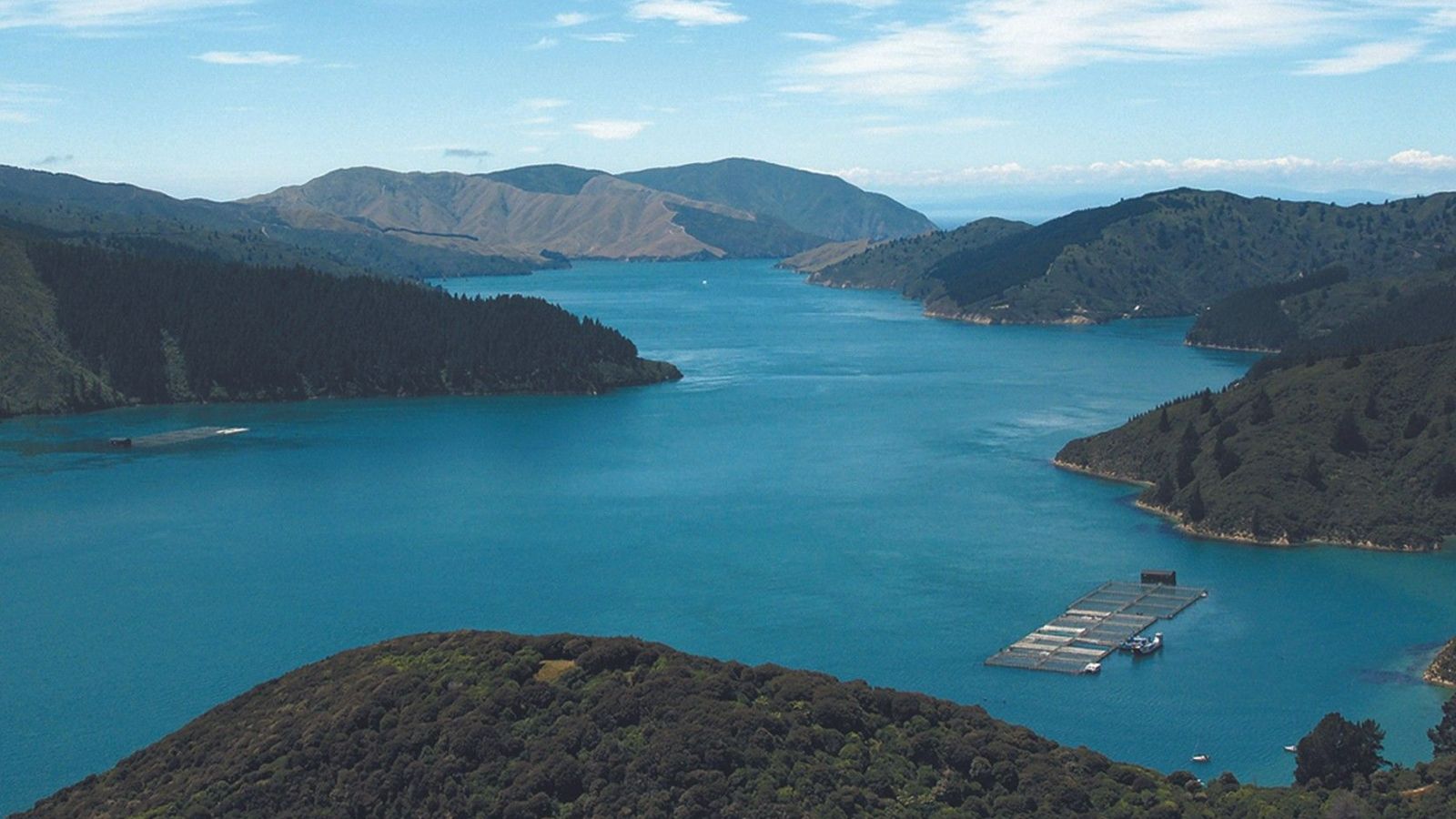 Aerial shot of sounds with equipment set up on water