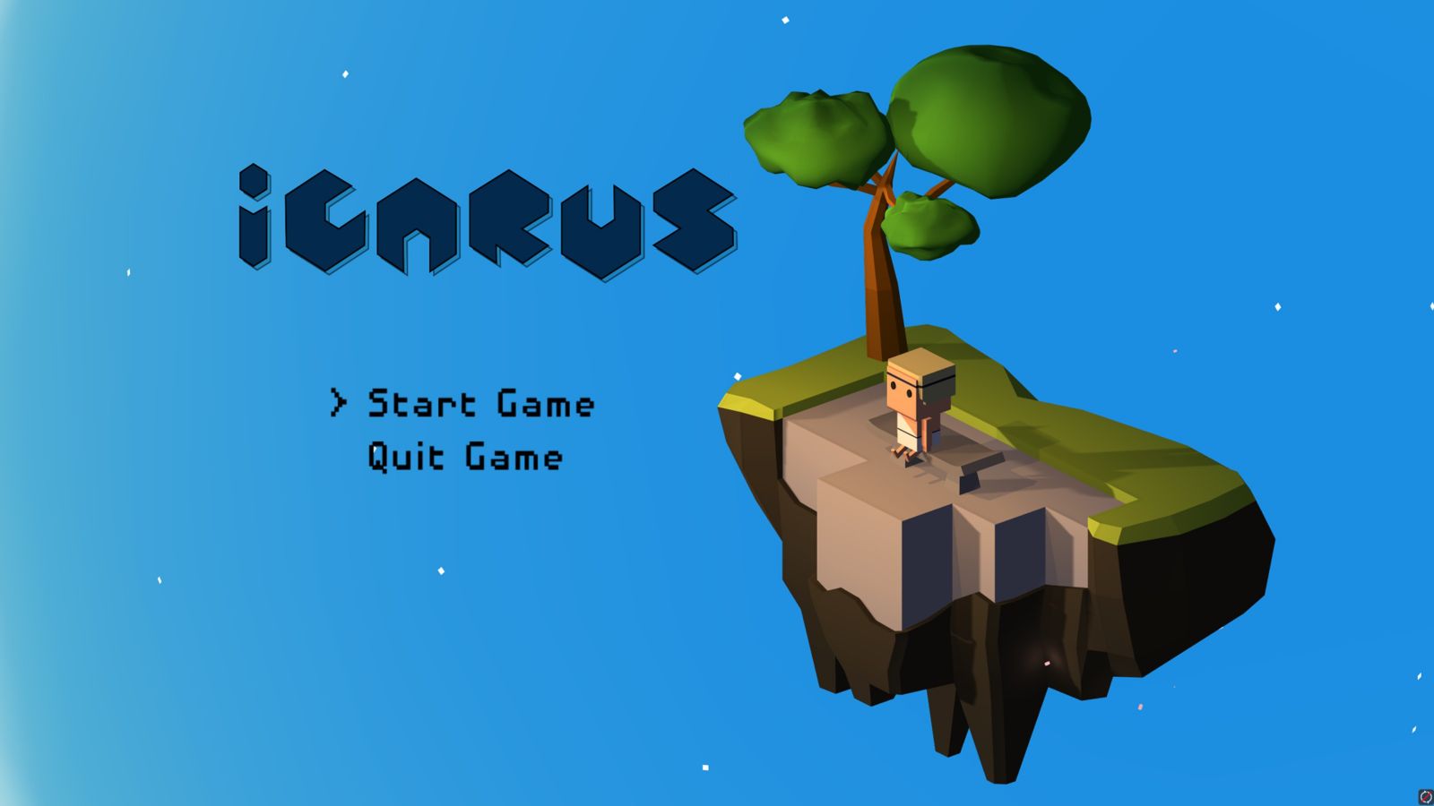 A person sitting on a computer generated island floating in blue space with the words icarus and start game and quit game to the left of the island.