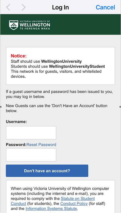  Web portal on Wellington UniversityGuest network