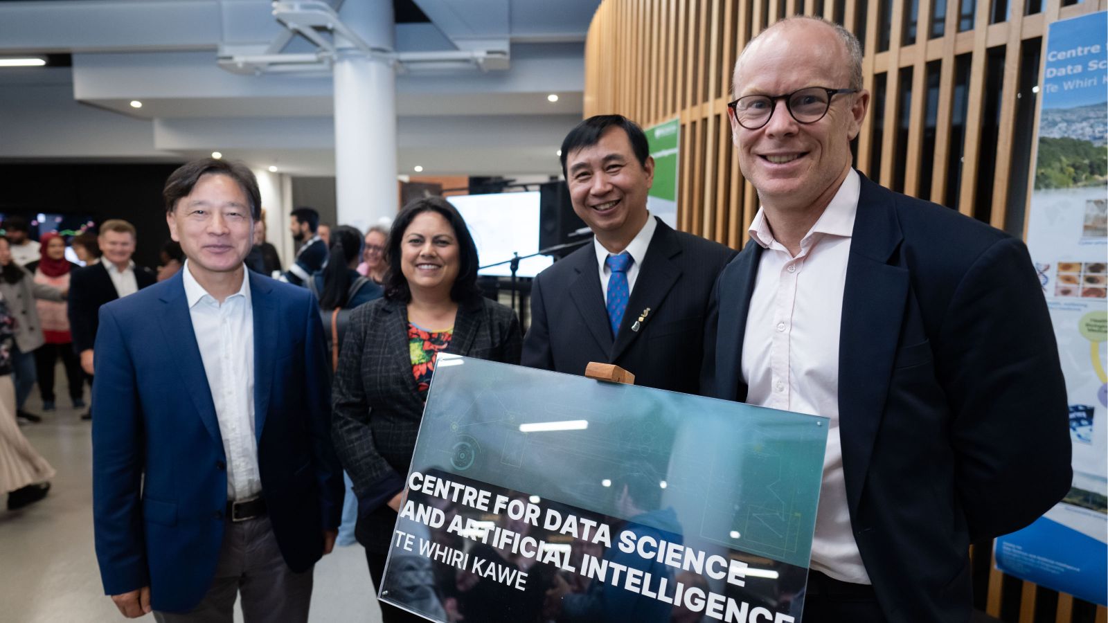 Centre for Data Science and AI (From left to right) President-elect IEEE CIS Professor Yaochu Yin, Minister Ayesha Verrall, Director Professor Mengjie Zhang, and Vice-Chancellor Professor Nic Smith.