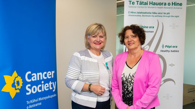 Cancer Society New Zealand Chief Executive Nicola Coom with Professor Beverely Lawton CNZM (Director – Te Tatai Hauora o Hine National Centre for Women’s Health Research Aotearoa)