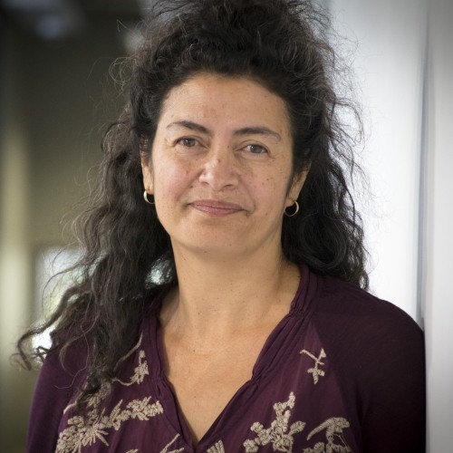 Woman with dark curly long hair smiling.