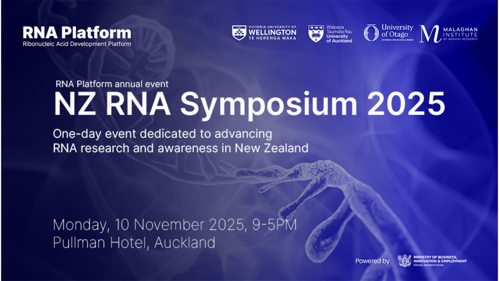 A banner advertising the NZ RNA Symposium on 10 November 2025