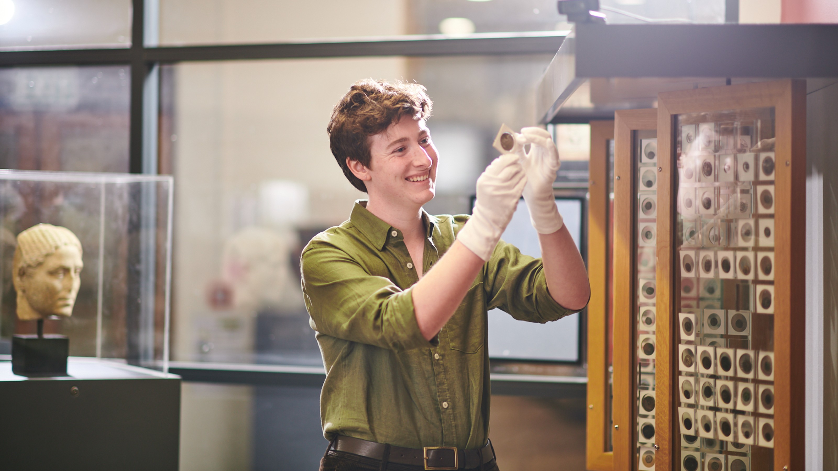 Person looking at samples.