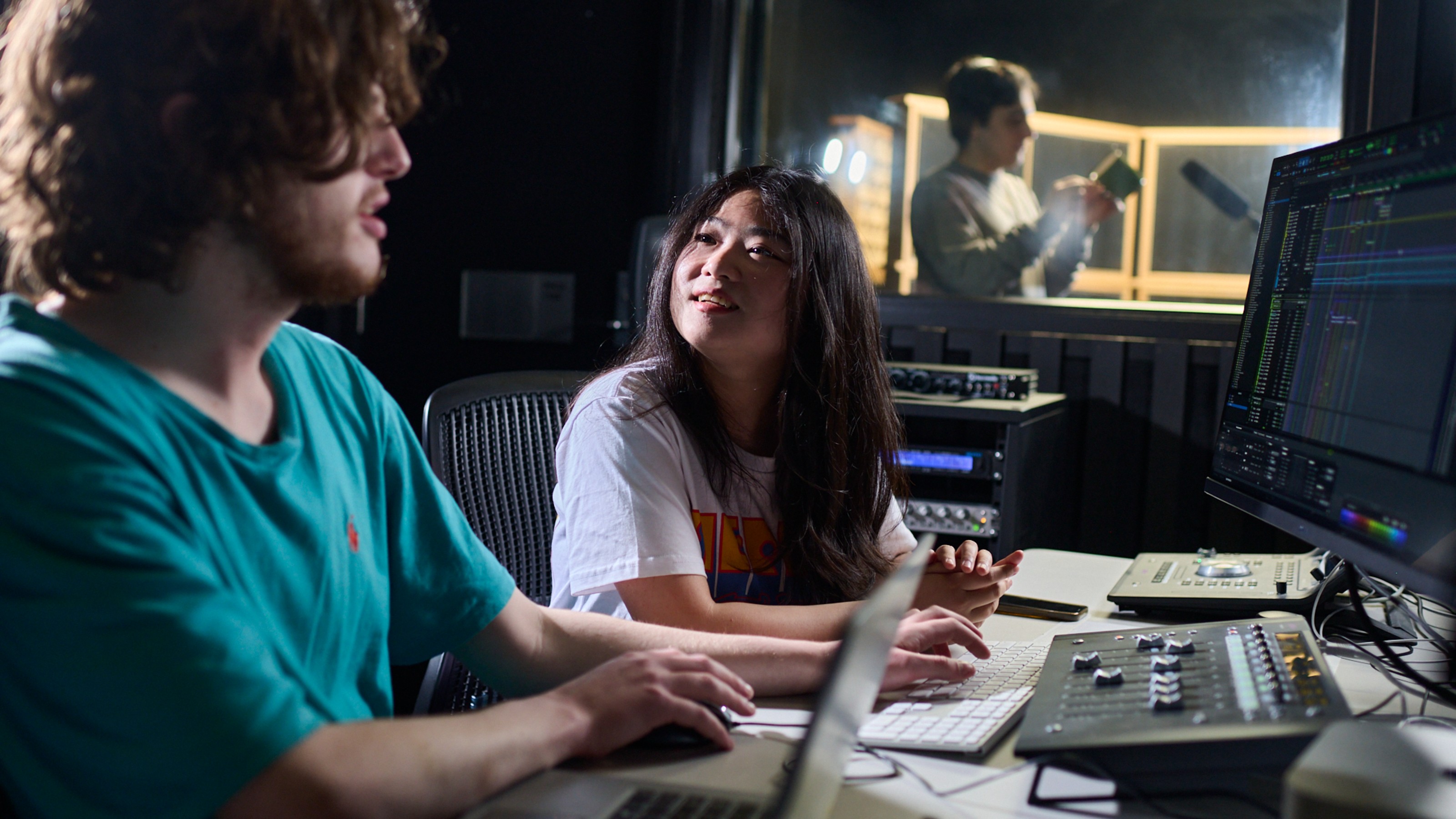 Master of Fine Arts in Sound students in the studio.