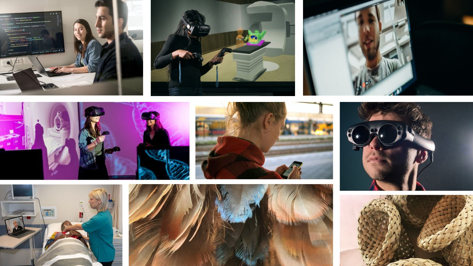 A montage of images related to digital health, including two images of people using VR headsets, someone on a zoom call, someone using their phone, two people sitting in front of a computer displaying data, and someone receiving clinical advice over a zoom call while working with a patient. 