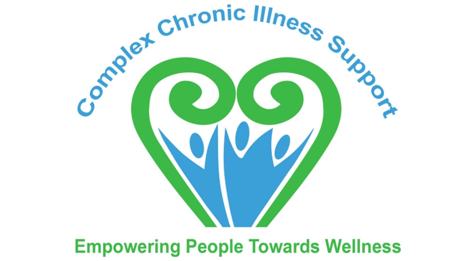 A green heart filled with three blue-outlined people. Above the heart, there is writing in blue stating “Complex Chronic Illness Support”; below the heart, there is writing in green stating “Empowering people towards wellness”.