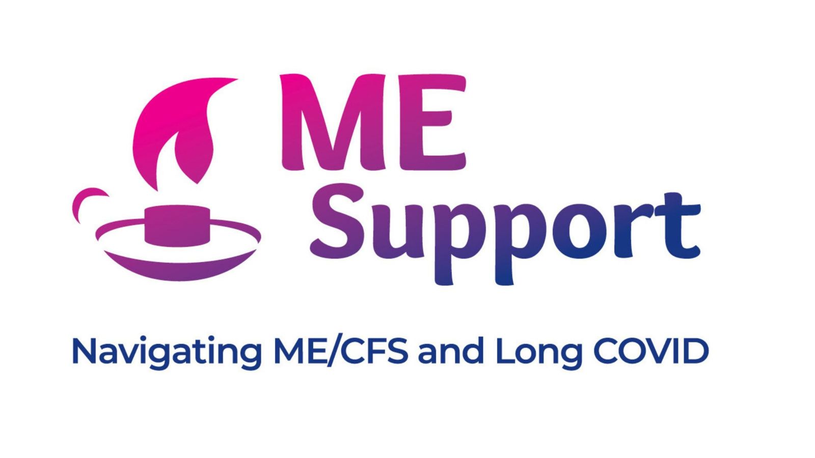 Animated purple candle and flame, with purple writing that says “ME Support” and blue writing underneath that states “Navigating ME/CFS and Long COVID”. 