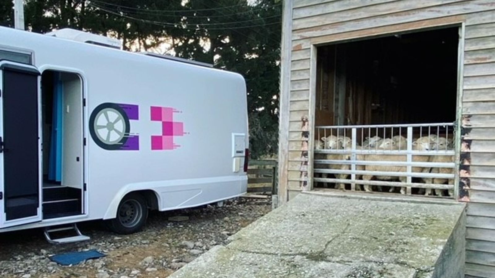 An image of the mobile cervical testing bus parked next to the sheep shearing shed