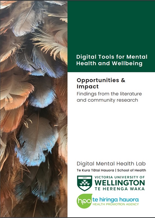 The cover of report. The left of the page has feathers from a korowai, and the text reads digital tools for mental health and wellbeing, opportunities and impact, findings from the literature and community research.