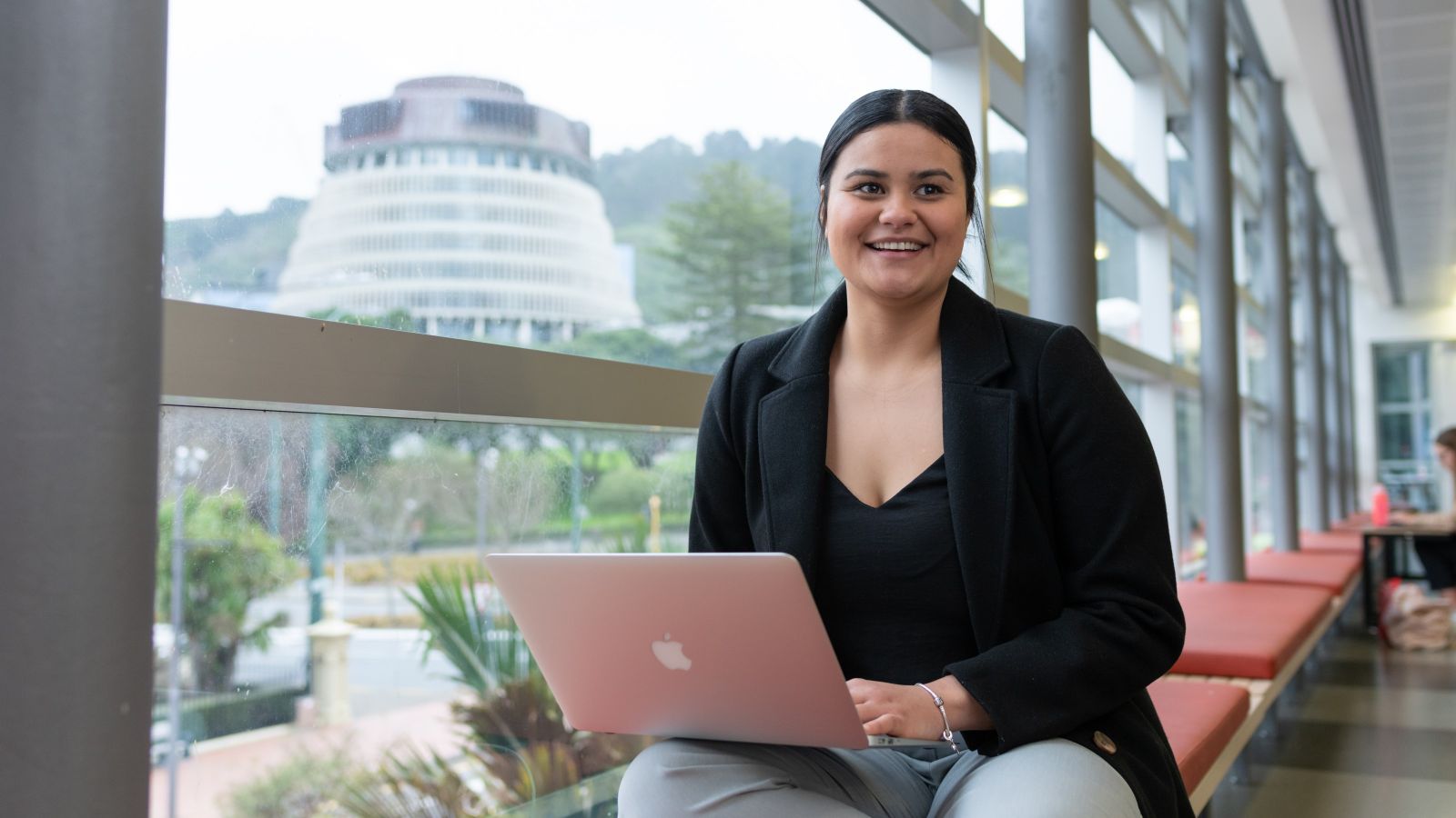 A female student sits by a window with a laptop on her lap and the Beehive in the background
