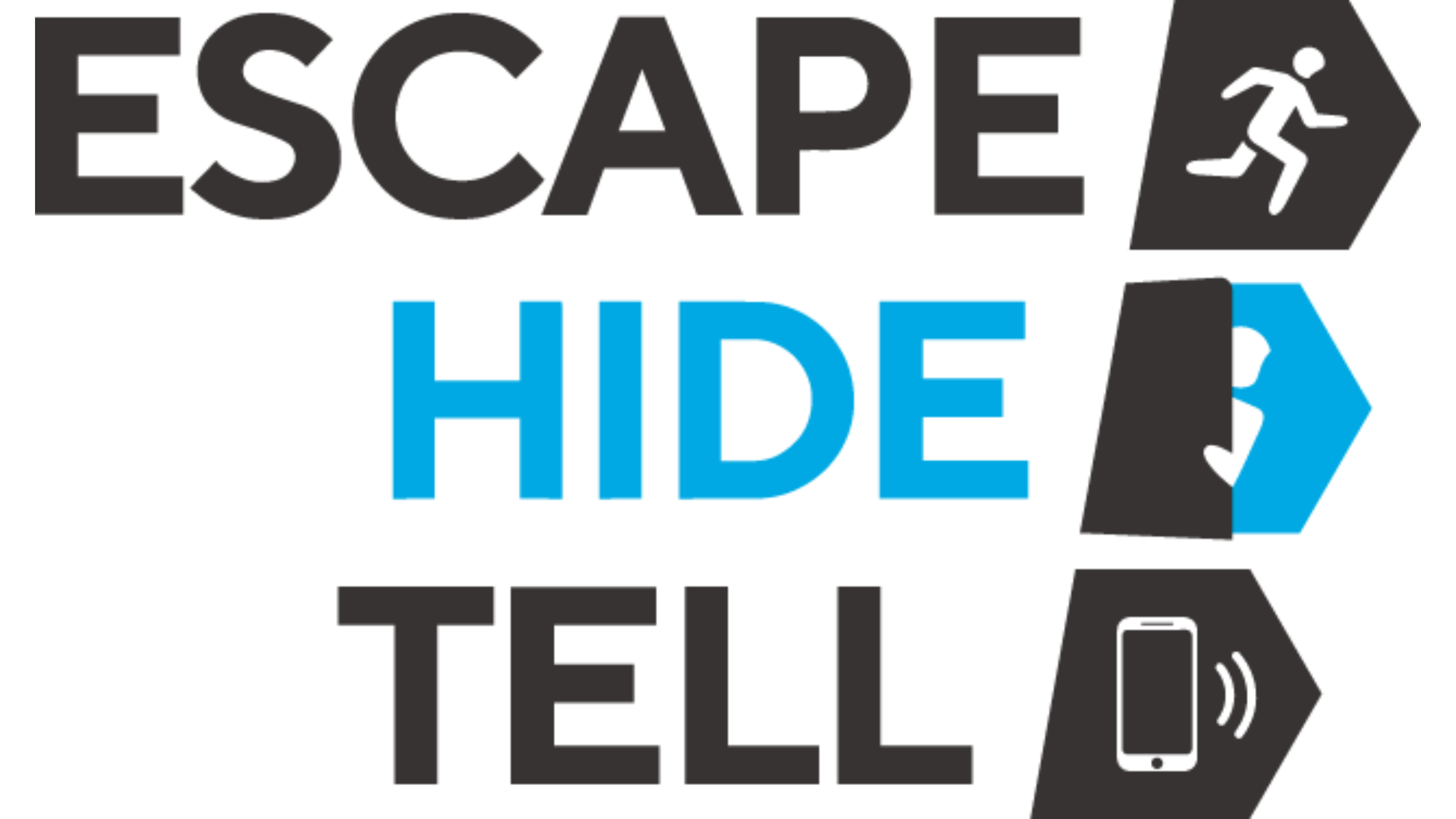 Logo with words Escape Hide Tell and icons depicting person running, hiding, and a phone ringing