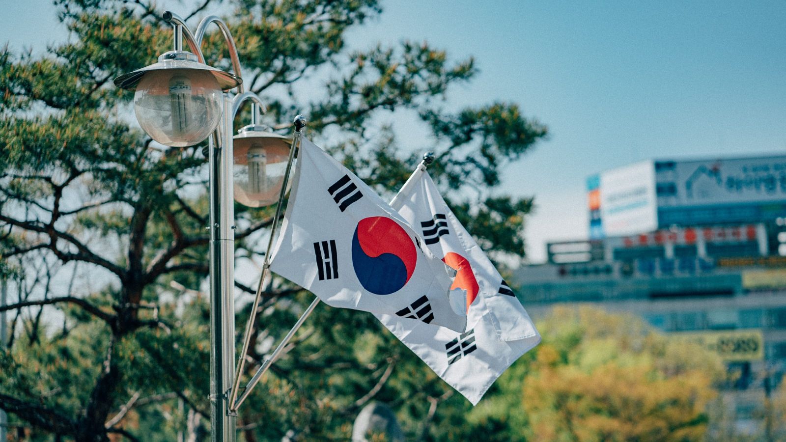 Two South Korea flags on a street lamp