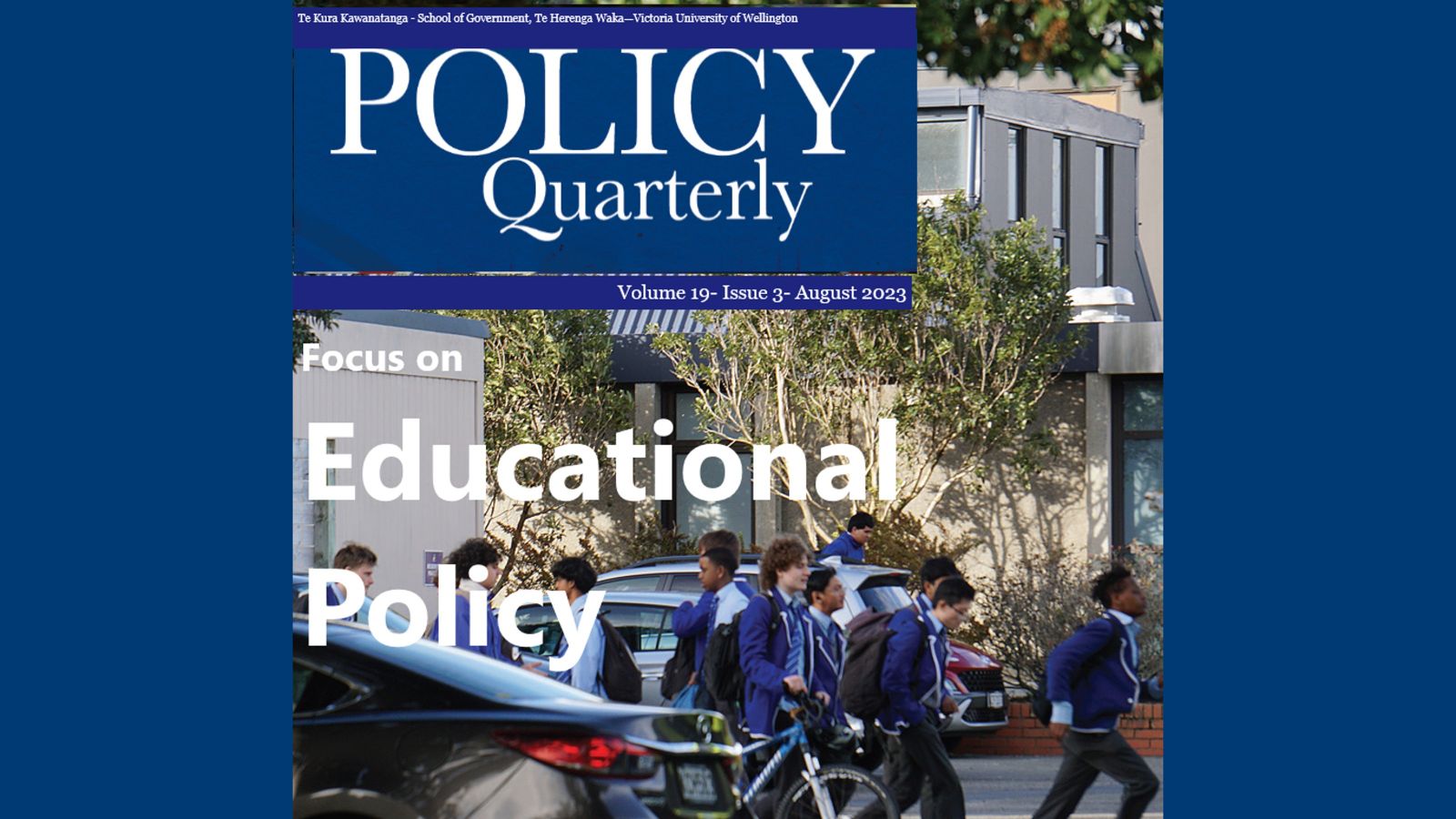 Blue magazine cover for Policy Quarterly