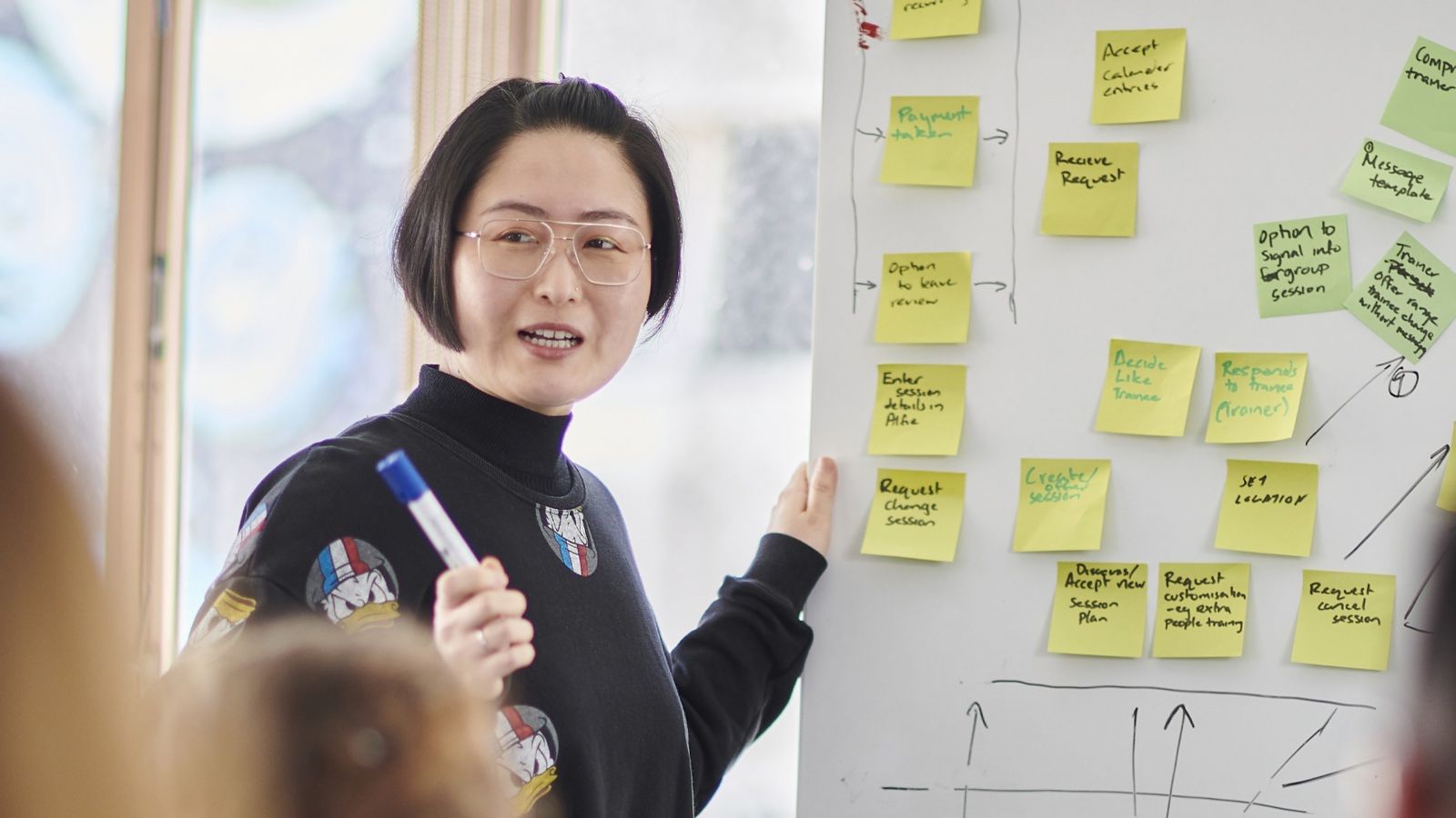 A woman stands beside a white board with coloured post-it notes on it. She is speaking to a group of people who are in the foreground.