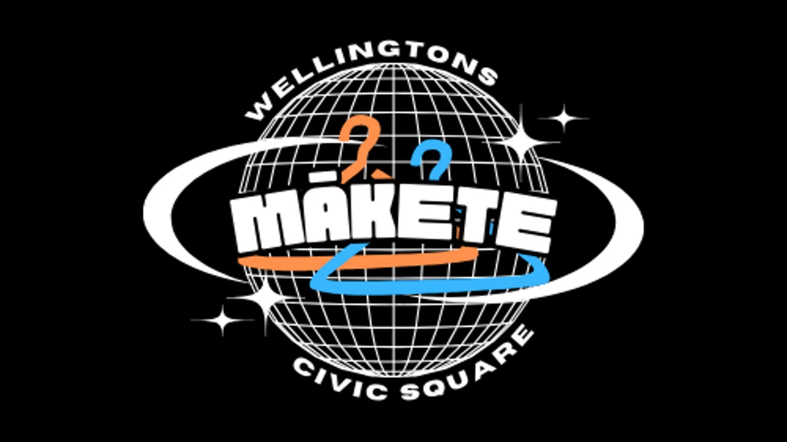 Logo with white global circle, black background and naming the venture (Wellington's Makete)