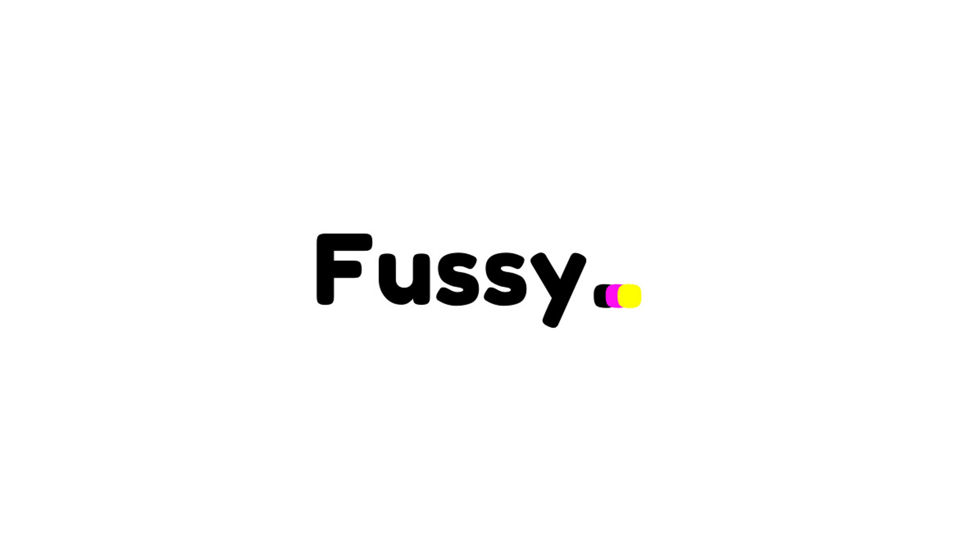 Logo for fussy work with a black, pink, yellow rectangle.