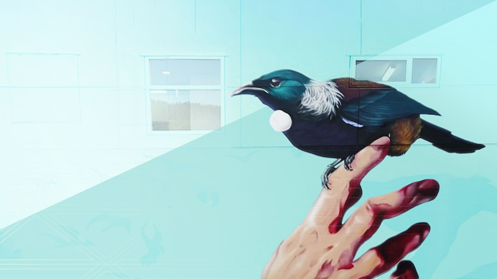 Mural of someone holding a Tui bird.