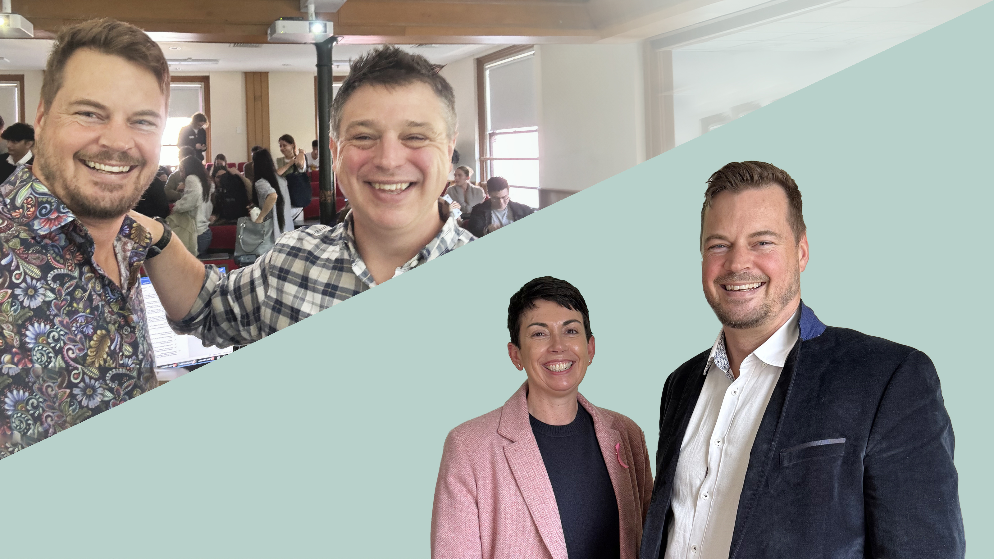 A composite image of a man smiling and posing with several people. 